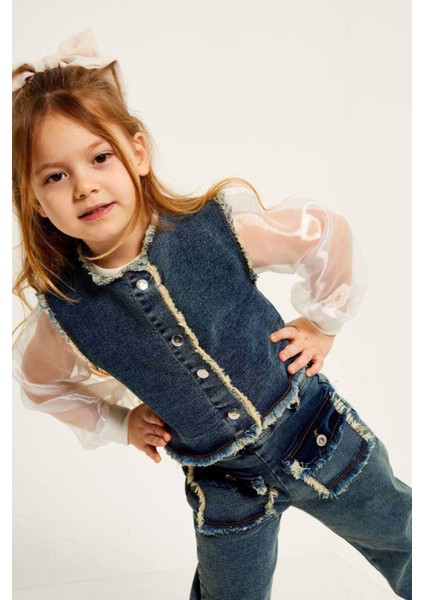 Püskül Detaylı Yelekli Gömlekli Kot 3'lü Kız Takım indirimleri