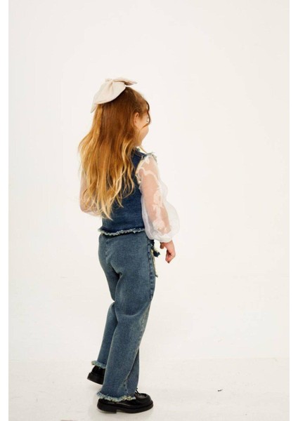 Püskül Detaylı Yelekli Gömlekli Kot 3'lü Kız Takım