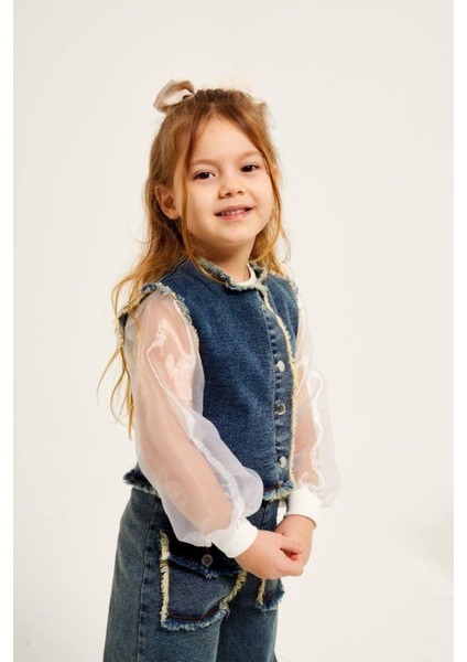 Püskül Detaylı Yelekli Gömlekli Kot 3'lü Kız Takım