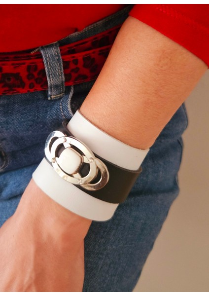 Hakiki Deri Siyah-Beyaz Bileklik