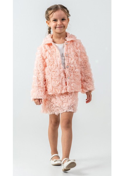 Gül Detaylı Tshirt Ceketli Etekli 3'lü Kız Takım