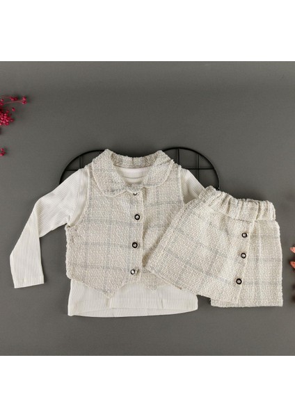 Kare Desen Şort Etekli Yelekli Kız Çocuk 3'lü Takım