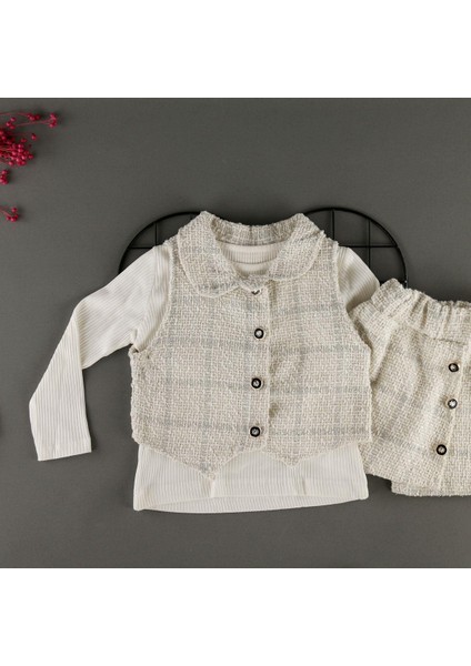 Kare Desen Şort Etekli Yelekli Kız Çocuk 3'lü Takım fiyatları