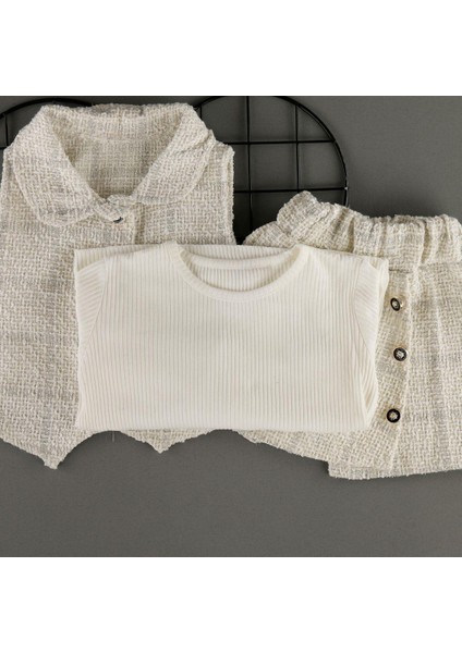 Kare Desen Şort Etekli Yelekli Kız Çocuk 3'lü Takım