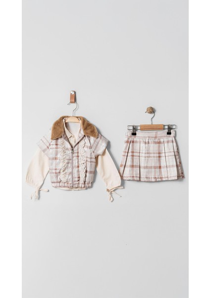 Kürk Detaylı Ekoseli Gömlekli Etekli 3'lü Kız Takım fiyatları