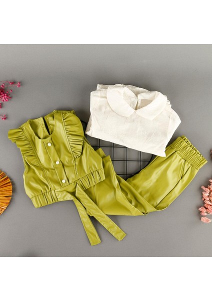 Deri Görünümlü Bebek Yaka 3'lü Kız Takım
