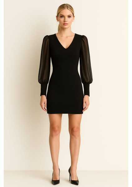 Kolları Tül Detaylı Kadın Triko Elbise