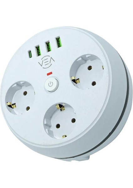 VE-26583 3'lü 1.5 Metre Kablolu 3 USB / Type-C Girişli Akım Korumalı Grup Priz