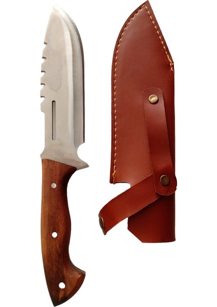 Ceviz Saplı El Yapımı Tırtıklı Kahverengi Deri Kılıflı Paslanmaz Çelik Kamp ve Av Bıçağı fiyatları