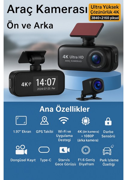 Gps Wifi 4K 1080P Full Hd Çift Kamera G Sensör Gece Görüş Ön Arka Iç Kayıt Araç Içi Dışı Kamera