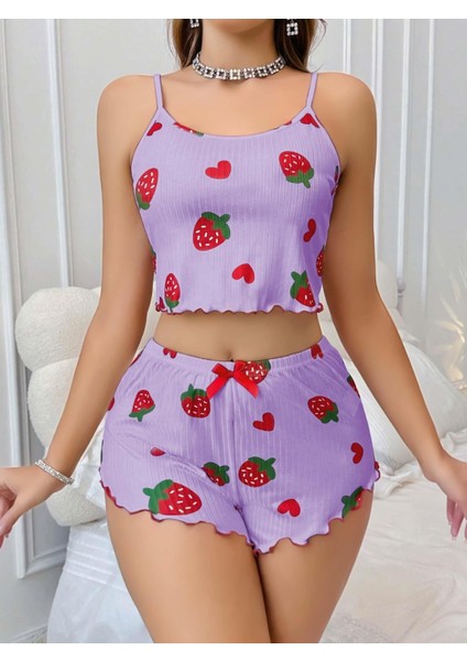 Kadın Mor Çilek Desenli Şortlu Pijama Takımı 5061 fiyatları