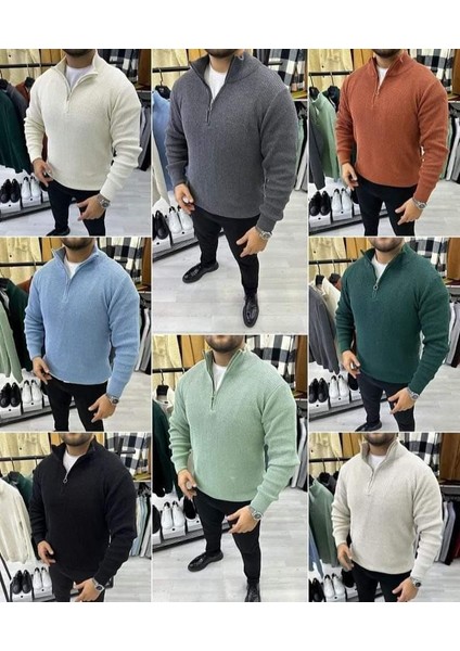 Bej Yarım Fermuarlı Kalın Triko Kazak – Oversize Fit Rahat Kesim fiyatları