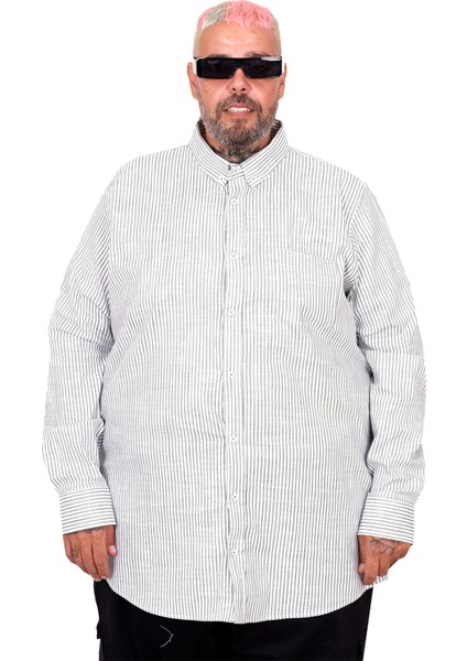 Büyük Beden Erkek Gömlek Uzun Kol Keten Cepli Haki 20384