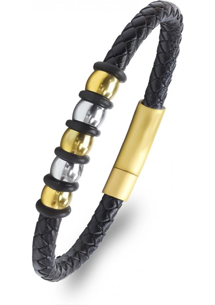 Orijinal Deri ve 316L Altın Tonlu Çelik Erkek Bileklik 33514B21D2