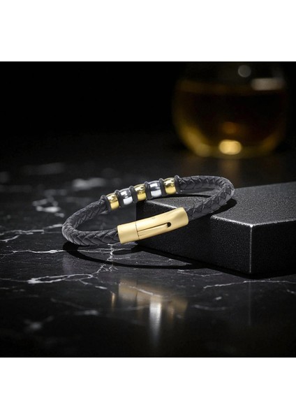 Orijinal Deri ve 316L Altın Tonlu Çelik Erkek Bileklik 33514B21D2 fırsatları