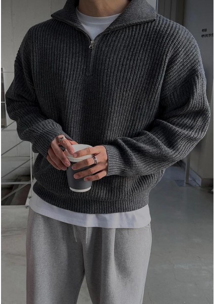 Bej Yarım Fermuarlı Kalın Triko Kazak – Oversize Fit Rahat Kesim modelleri