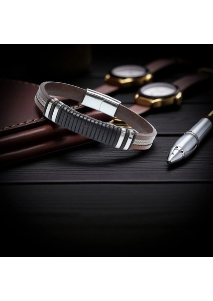 Orijinal Deri ve 316L Çelik Siyah-Kahverengi Erkek Bileklik 33514B19D1 modelleri