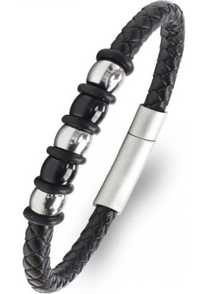 Orijinal Deri ve 316L Çelik Siyah Erkek Bileklik 33514B21D1