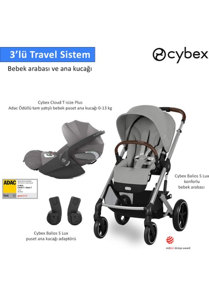3 Lü Travel Sistem Indirimi Cybex Balios S Lux Stone Grey + Cybex Cloud T Plus Isize + Balios Adaptör
