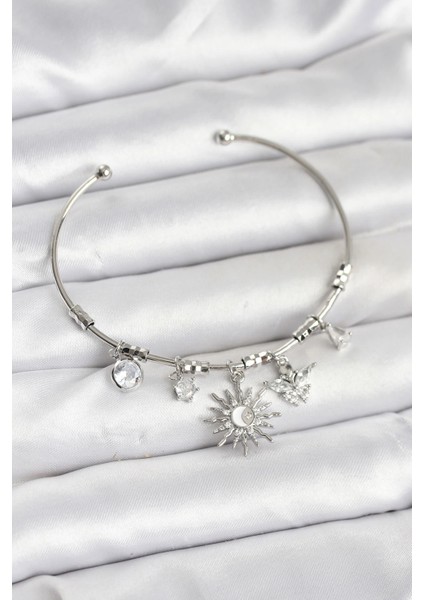 Güneş Charmlı Gümüş Renk Pirinç Kadın Bileklik