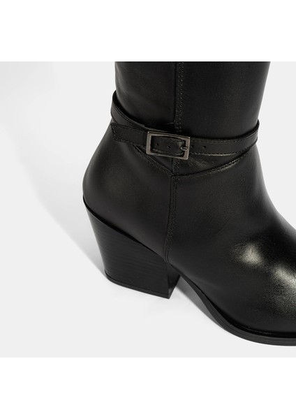 Kadın Siyah Kalın Topuklu Deri Çizme