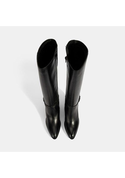 Kadın Siyah Kalın Topuklu Deri Çizme