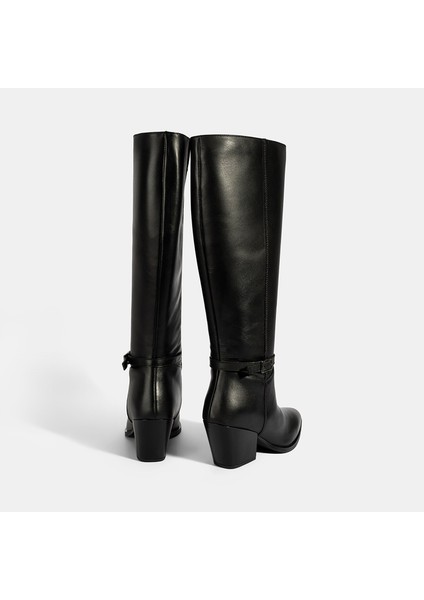 Kadın Siyah Kalın Topuklu Deri Çizme