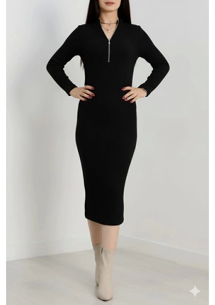 Fermuar Detaylı Fitilli Şardonlu Elbise Siyah A3178 fiyatları