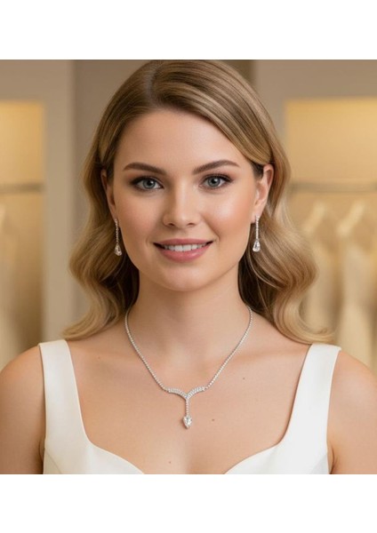 Accessories Damla Taşlı Kolye ve Küpe Düğün, Kına, Nişan Gelin 2'li Takı Seti