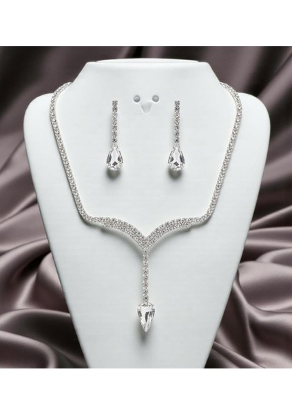Accessories Damla Taşlı Kolye ve Küpe Düğün, Kına, Nişan Gelin 2'li Takı Seti fiyatları