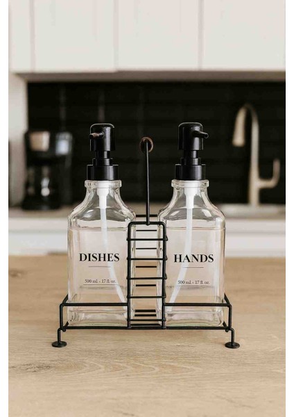 Şık Cam Sabunluk Seti 2’li – 500 ml Pompalı Şişe – Metal Standlı Mutfak ve Banyo Seti