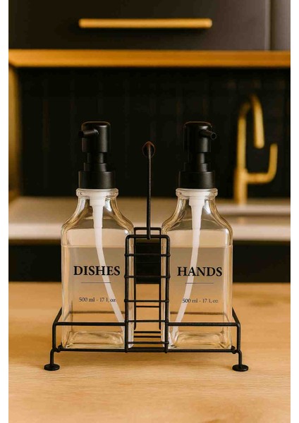 Şık Cam Sabunluk Seti 2’li – 500 ml Pompalı Şişe – Metal Standlı Mutfak ve Banyo Seti fiyatları