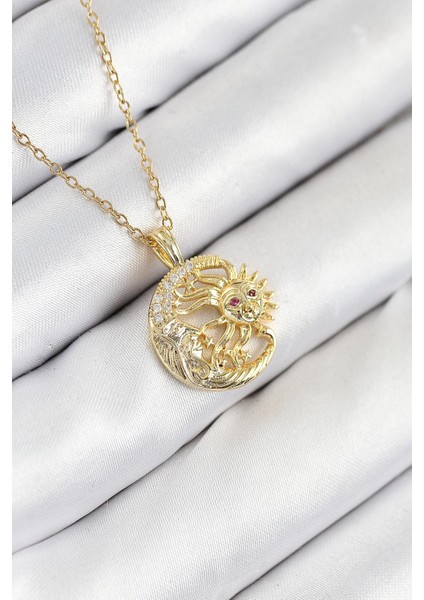 Zirkon Taşlı Ay ve Güneş Model Gold Renk Kolye