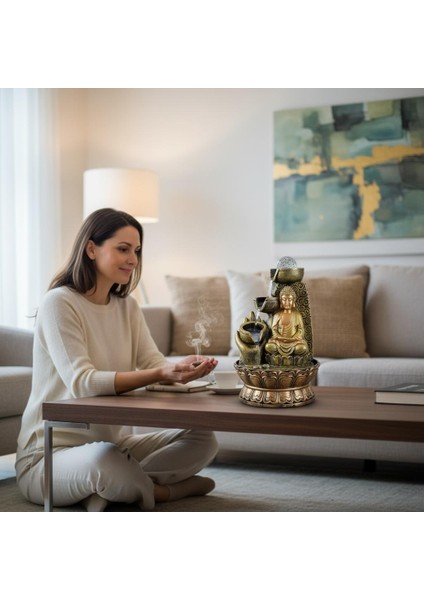 Dekoratif LED Işıklı Buddha Şelale Masaüstü Su Şelalesi