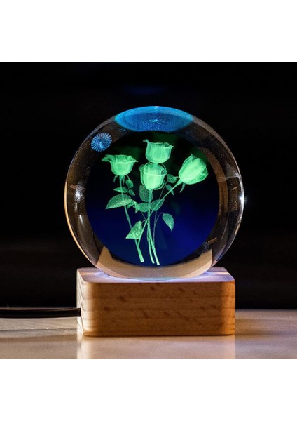 Kişiye Özel Işıklı Ahşap Gül Buketi Kristal Cam Küre 8*6cm