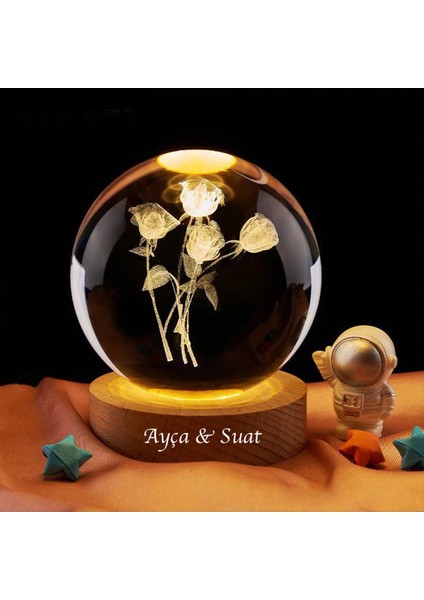 Kişiye Özel Işıklı Ahşap Gül Buketi Kristal Cam Küre 8*6cm fiyatları