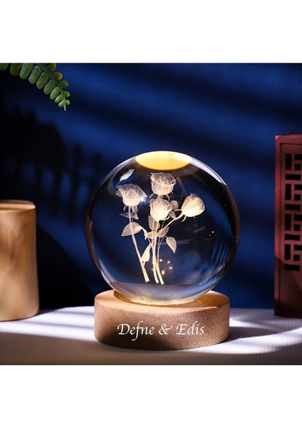 Kişiye Özel Işıklı Ahşap Gül Buketi Kristal Cam Küre 8*6cm modelleri