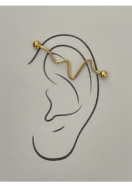 316L Cerrahi Çelik 38 mm Gold Rengi Frekans Detay Köprü Piercing