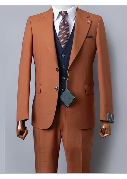 Blazer Takım Elbise Slim Fit Kiremit Renkli Erkek Takım Elbise Lacivert Yelekli