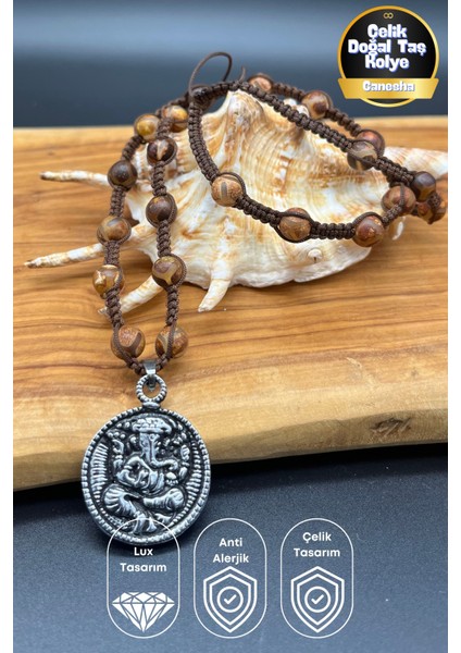 Ganesha – Tibet Akiği & Hematit Doğal Taşlı Özel Tasarım Çelik Kolye | Unisex, Ayarlanabilir 58–78 cm