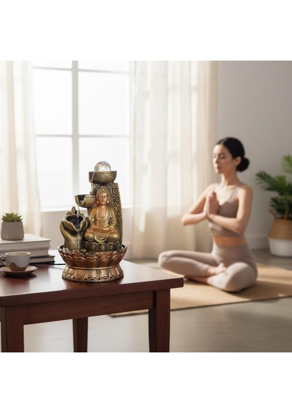 Zen Tarzı Masaüstü Şelale ve Buda Heykeli – Meditasyon ve Dekoratif Su Şelalesi
