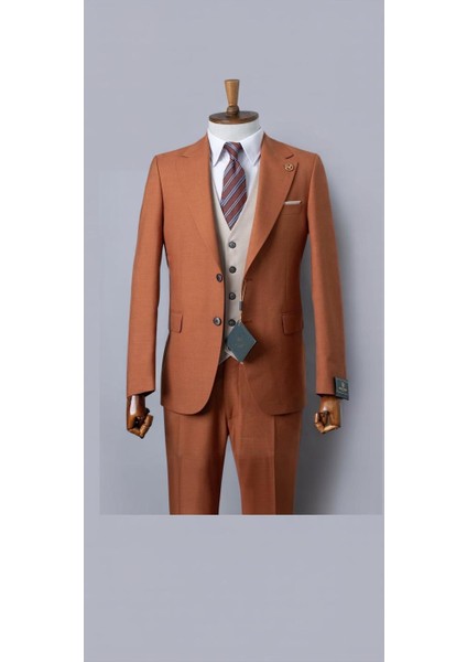 Blazer, Slim Fit Kiremit Renkli Erkek Takım Elbise Bej Yelekli