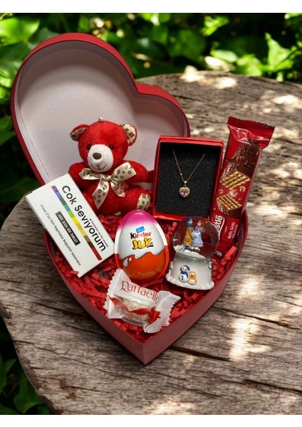 Kırmızı Kalpli Hediye Kutusu – Çelik Kolye, Işıklı Kar Küresi, Peluş Ayıcık ve Sürprizler