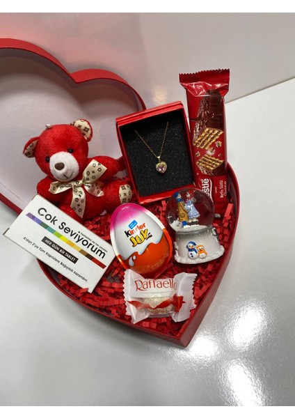Kırmızı Kalpli Hediye Kutusu – Çelik Kolye, Işıklı Kar Küresi, Peluş Ayıcık ve Sürprizler fırsatları