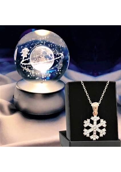 Kişiye Özel Renk Değiştiren LED Işıklı Satürn Kız Küre Lamba Kristal Top ve Kar Tanesi Kolye