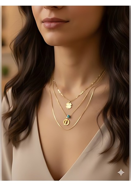 Kadın Gold Harmony Kombin Üçlü D Harfli Kolye