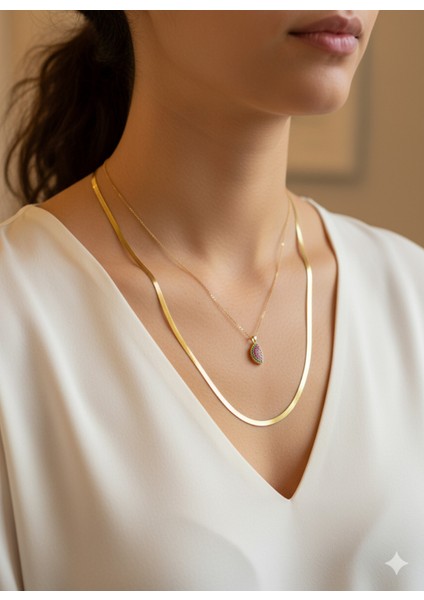 Kadın Italya Gold Zincir Karpuz Desenli Kombin Kolye