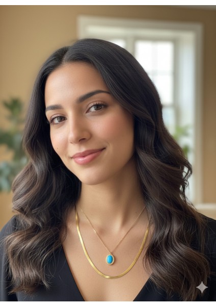 Kadın Italyan Gold Zincir Deniz Mavisi Doğal Taş Kombin Kolye