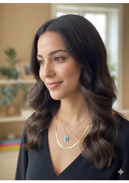 Kadın Italyan Gold Zincir Deniz Mavisi Doğal Taş Kombin Kolye fiyatları