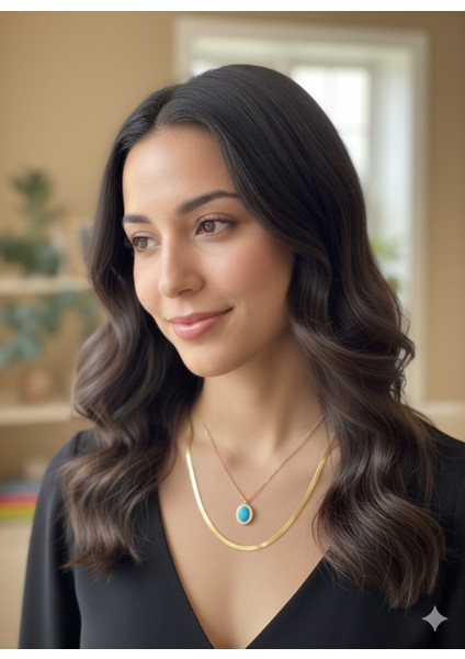 Kadın Italyan Gold Zincir Deniz Mavisi Doğal Taş Kombin Kolye modelleri